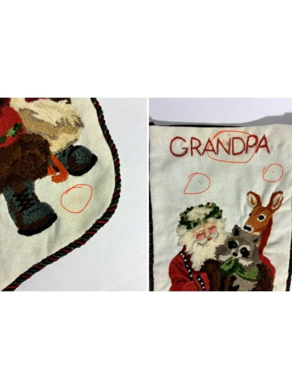 2 VTG 1980s Needlepoint Crewel Christmas Stockings Santa Claus Animals Grandpa